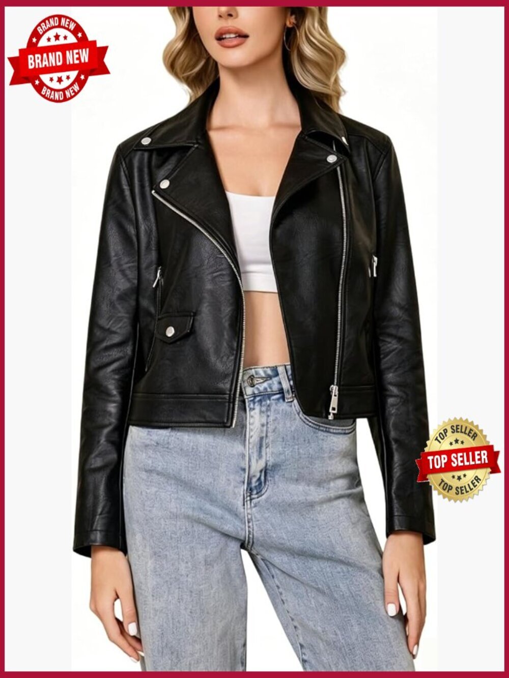 PU Cropped Moto Biker Jacket Faux Leather Slim Zip Up Coat